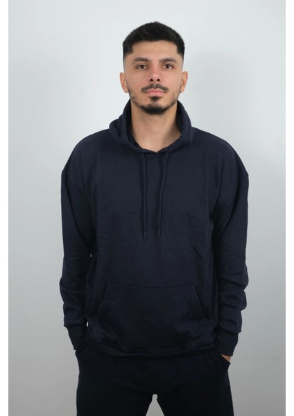 Erkek Kapüşonlu ve Önden Cepli Düz Polar Sweatshirt Lacivert