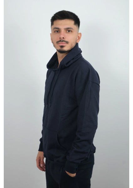 Erkek Kapüşonlu ve Önden Cepli Düz Polar Sweatshirt Lacivert fiyatları