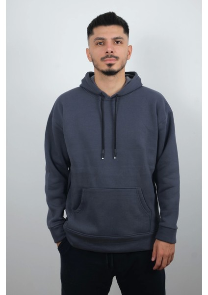Erkek Kapüşonlu ve Önden Cepli Düz Polar Sweatshirt Antrasit