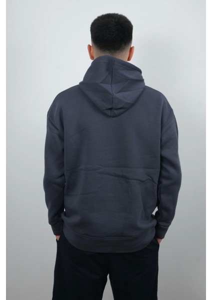 Erkek Kapüşonlu ve Önden Cepli Düz Polar Sweatshirt Antrasit