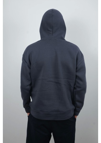 Erkek Kapüşonlu ve Önden Cepli Düz Polar Sweatshirt Antrasit