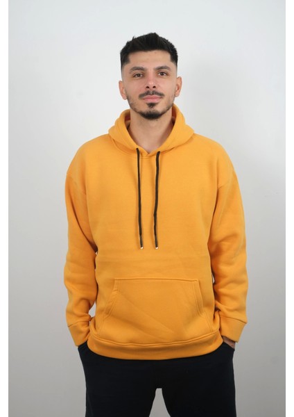 Erkek Kapüşonlu ve Önden Cepli Düz Polar Sweatshirt Sarı