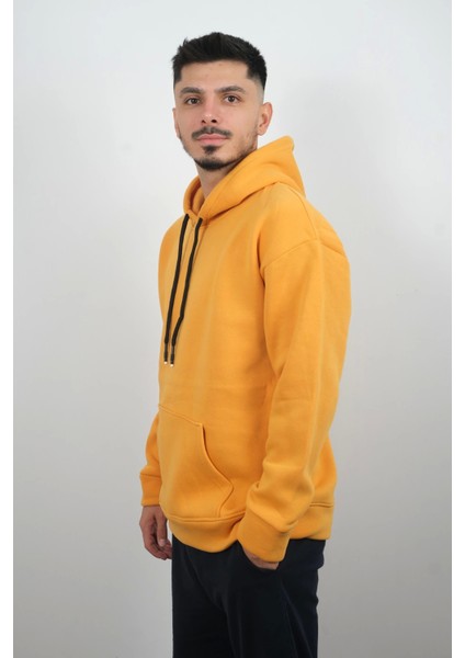 Erkek Kapüşonlu ve Önden Cepli Düz Polar Sweatshirt Sarı