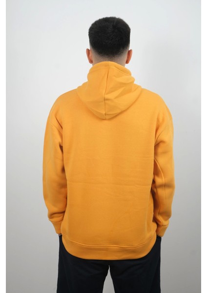 Erkek Kapüşonlu ve Önden Cepli Düz Polar Sweatshirt Sarı