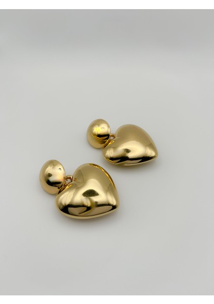 Özel Seri Büyük Bombeli Kalp Küpe Gold Renk Küpe