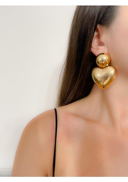 Özel Seri Büyük Bombeli Kalp Küpe Gold Renk Küpe indirimleri