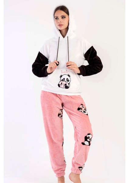 Kadın Welsoft Kapsonlu Düşük Omuzlu Uzun Kol Kanguru Ceplı Pijama Takım