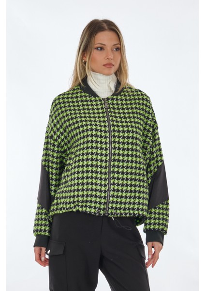 Oversize Houndstooth Desenli Fermuarlı Kadın Ceket - Günlük Şıklık