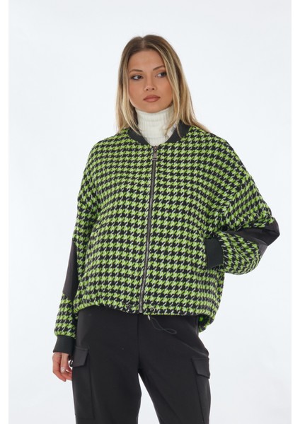 Oversize Houndstooth Desenli Fermuarlı Kadın Ceket - Günlük Şıklık fırsatları