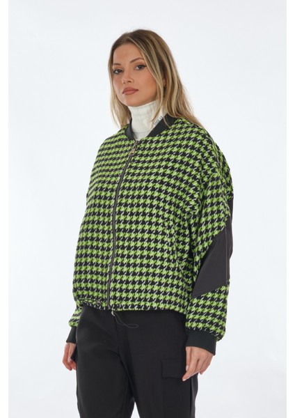 Oversize Houndstooth Desenli Fermuarlı Kadın Ceket - Günlük Şıklık indirimleri
