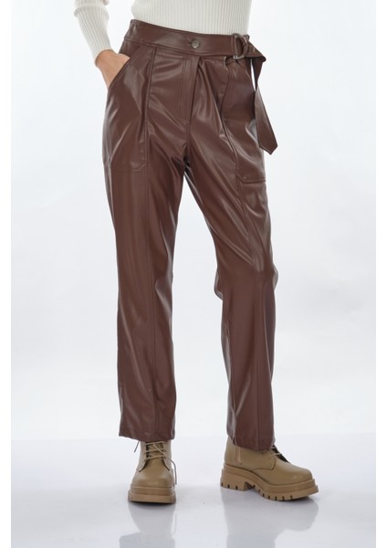 Kadın Deri Look Midi Pantolon - Yüksek Bel Kemerli fiyatları