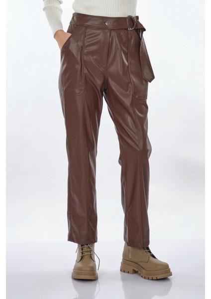 Kadın Deri Look Midi Pantolon - Yüksek Bel Kemerli fırsatları