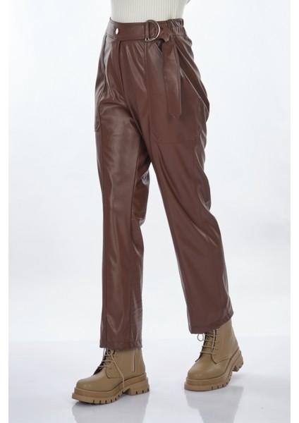 Kadın Deri Look Midi Pantolon - Yüksek Bel Kemerli indirimleri