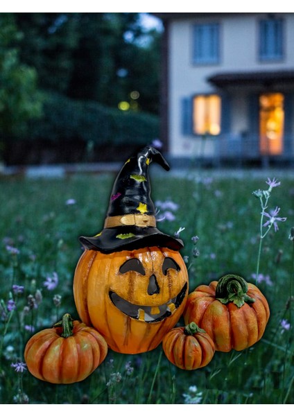 Halloween Cadılar Bayramı Şapkalı Balkabak Heykeli Balkabağı Biblo 30 cm