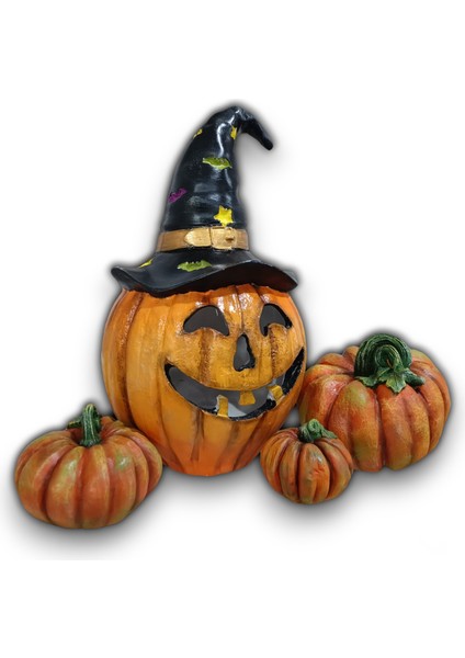 Halloween Cadılar Bayramı Şapkalı Balkabak Heykeli Balkabağı Biblo 30 cm modelleri