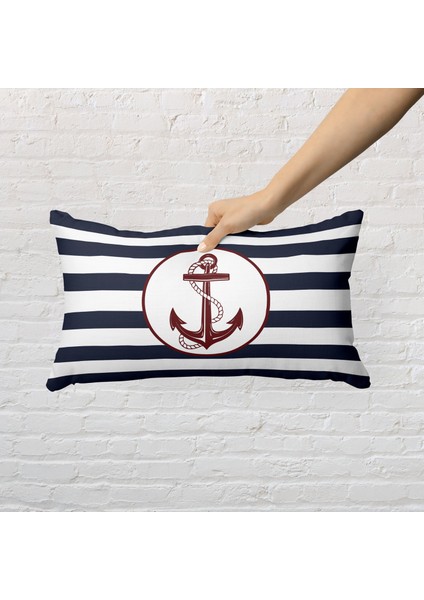 Kalın Çizgili Bordo Çapa 30CM x 50CM / Marin Temalı Çift Taraflı Kırlent Kılıfı