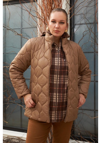 Kapitone Büyük Beden Vizon Mont