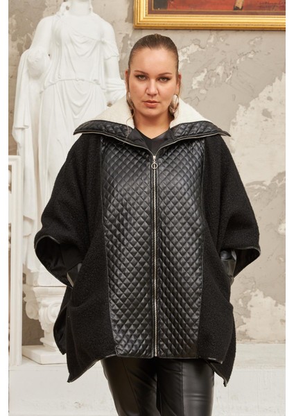 Buklet ve Deri Garnili Büyük Beden Siyah Panço Kaban