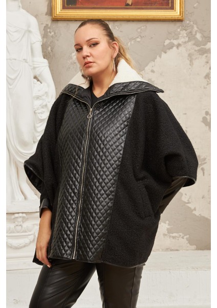 Buklet ve Deri Garnili Büyük Beden Siyah Panço Kaban fiyatları
