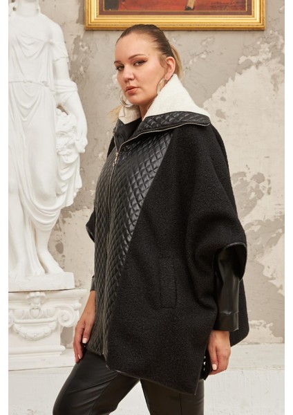 Buklet ve Deri Garnili Büyük Beden Siyah Panço Kaban modelleri