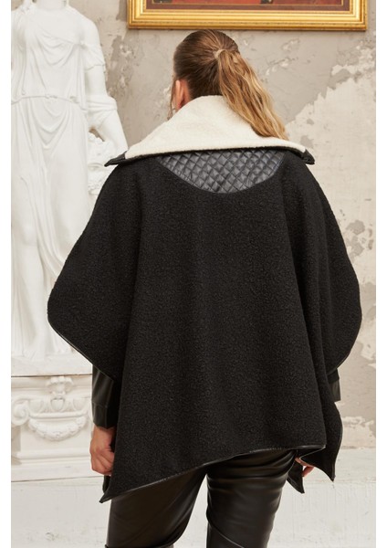 Buklet ve Deri Garnili Büyük Beden Siyah Panço Kaban fırsatları