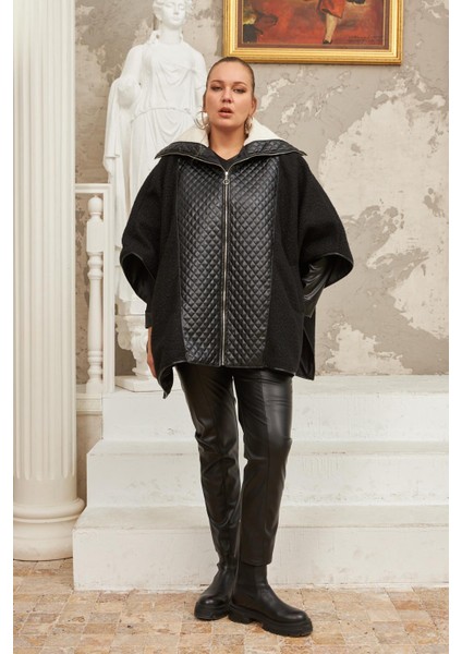 Buklet ve Deri Garnili Büyük Beden Siyah Panço Kaban indirimleri