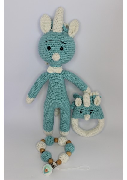 Amigurumi Organik Mavi Tek Boynuzlu At Oyuncak Çıngırak ve Emzik Askısı 3'lü Set