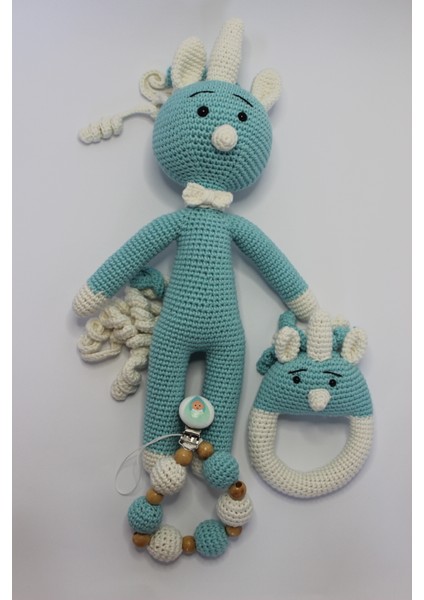 Amigurumi Organik Mavi Tek Boynuzlu At Oyuncak Çıngırak ve Emzik Askısı 3'lü Set