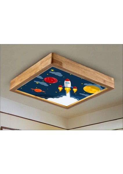 Dekor Olsun Ahşap Çerçeve Tavan LED Aydınlatma Avize 60*60CM Kids Beyaz 6500K Işık 6060KDSGEZEGENROKET