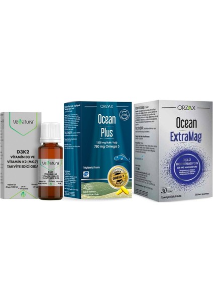 Ocean Extramag Magnezyum 30 Tablet Takviye Edici Gıda + Vefa D3 K2 + Orzax Ocean Plus 1200 mg 30 Kapsül