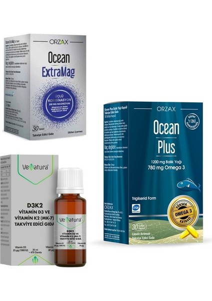 Ocean Extramag Magnezyum 30 Tablet Takviye Edici Gıda + Vefa D3 K2 + Orzax Ocean Plus 1200 mg 30 Kapsül modelleri