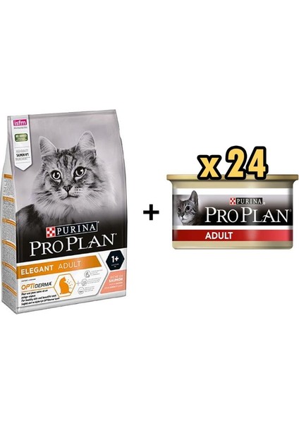 Elegant Somonlu Yetişkin Kedi Maması 10 kg + 24 Adet Proplan Adult Tavuk Etli Yetişkin Kedi Konservesi 85 gr