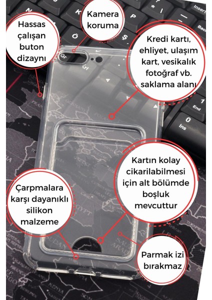 iPhone 7 Plus / 8 Plus Uyumlu Kredi Kartlıklı Şeffaf Kılıf Kamera Korumalı fiyatları