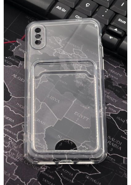 iPhone x Uyumlu Kredi Kartlıklı Şeffaf Kılıf Kamera Korumalı