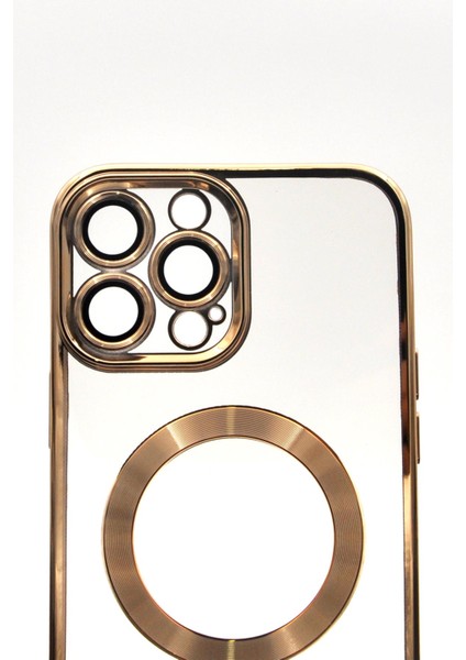 iPhone 14 Pro Max Uyumlu Magsafe Özellikli Altın Sarı Gold Renkli Kenarlı Lazerli Şeffaf Kılıf Lens Korumalı