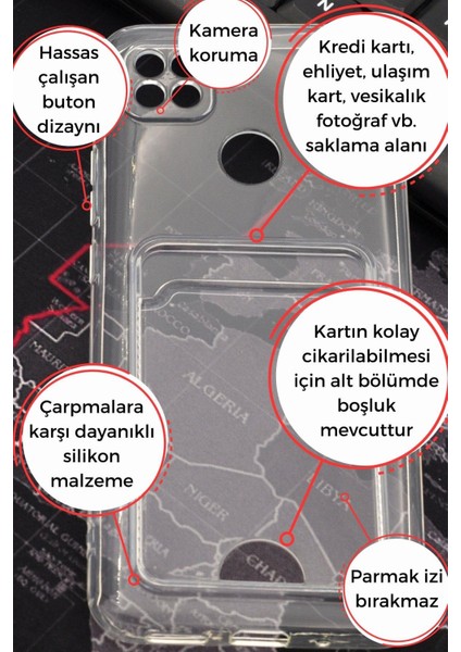 Xiaomi Redmi 9c Uyumlu Kredi Kartlıklı Şeffaf Kılıf Kamera Korumalı