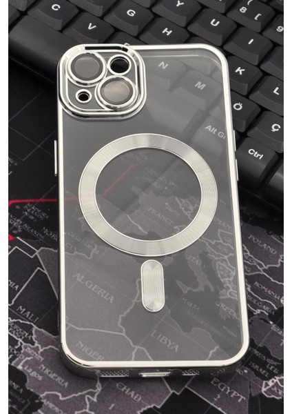 iPhone 14 Uyumlu Magsafe Özellikli Gümüş Gri Silver Renkli Kenarlı Lazerli Şeffaf Kılıf Lens Korumalı