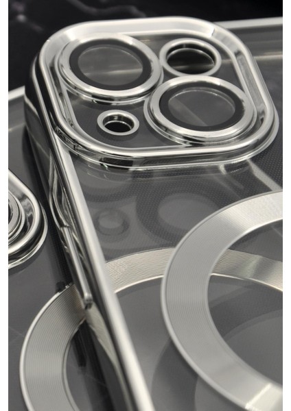 iPhone 14 Uyumlu Magsafe Özellikli Gümüş Gri Silver Renkli Kenarlı Lazerli Şeffaf Kılıf Lens Korumalı modelleri