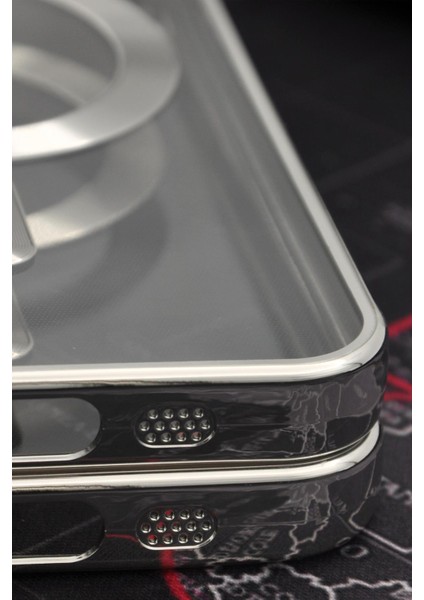 iPhone 14 Uyumlu Magsafe Özellikli Gümüş Gri Silver Renkli Kenarlı Lazerli Şeffaf Kılıf Lens Korumalı fırsatları