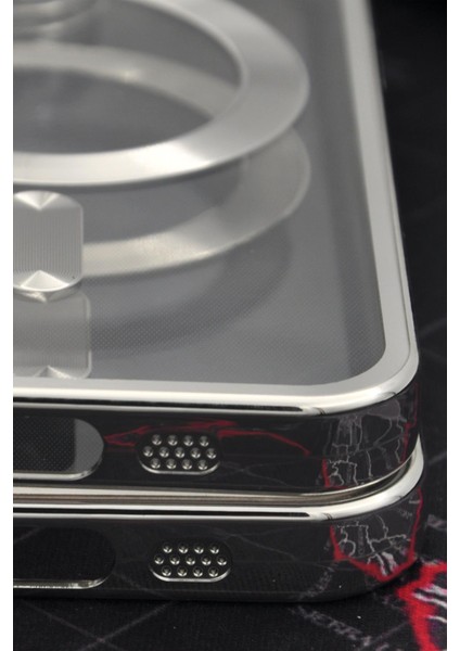 iPhone 14 Pro Uyumlu Magsafe Özellikli Gümüş Gri Silver Renkli Kenarlı Lazerli Şeffaf Kılıf Lens Korumalı fırsatları