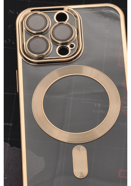 iPhone 13 Pro Uyumlu Magsafe Özellikli Altın Sarı Gold Renkli Kenarlı Lazerli Şeffaf Kılıf Lens Korumalı