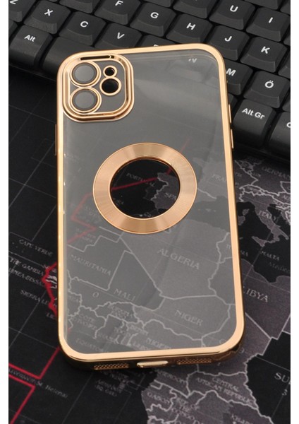 iPhone 11 Uyumlu Altın Sarı Gold Renkli Kenarlı Lazerli Şeffaf Kılıf Lens Korumalı
