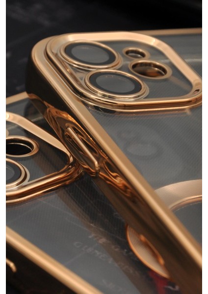 iPhone 11 Uyumlu Altın Sarı Gold Renkli Kenarlı Lazerli Şeffaf Kılıf Lens Korumalı modelleri