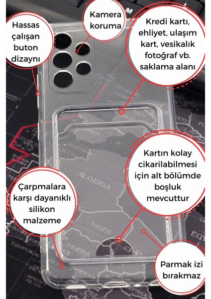 Samsung A23 Uyumlu Kredi Kartlıklı Şeffaf Kılıf Kamera Korumalı