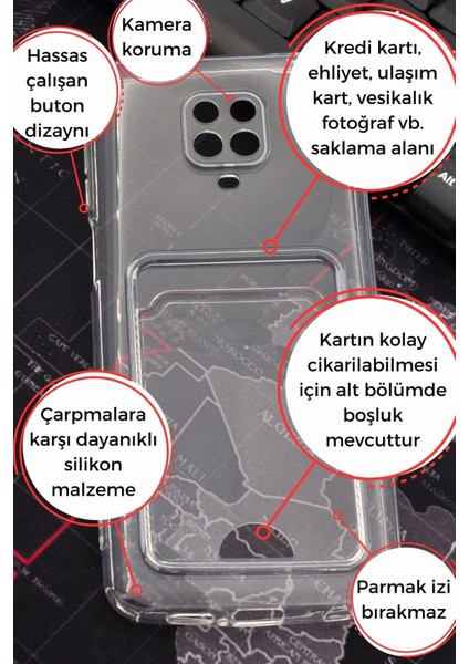 Xiaomi Redmi Note 9 Pro Uyumlu Kredi Kartlıklı Şeffaf Kılıf Kamera Korumalı fiyatları