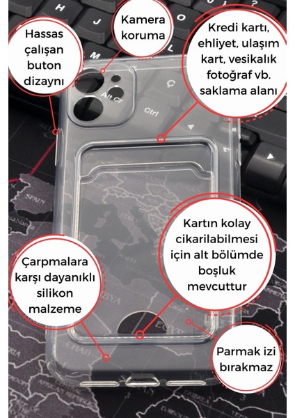 iPhone 11 Uyumlu Kredi Kartlıklı Şeffaf Kılıf Kamera Korumalı