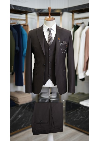 Erkek Slim Fit Italyan Kesim Kırlangıç Yaka Ceket Yelek Pantolon Takım Elbise-Acı Kahve