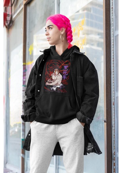 Fuddy Moda Unisex Oversize Demon Slayer Kokushibo Baskılı Kapüşonlu Sweatshirt, Anime Baskılı Hoodie