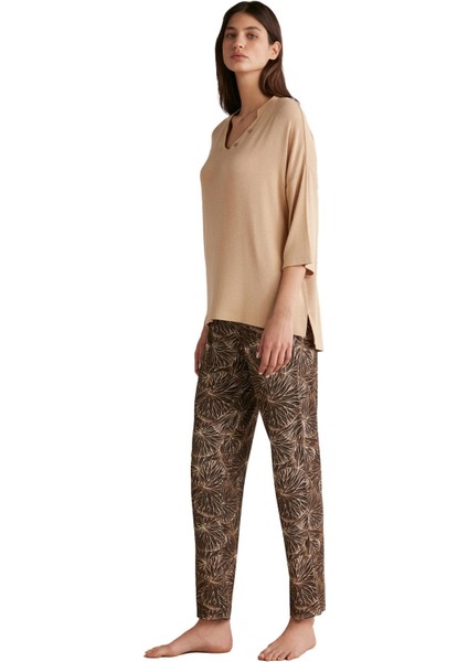 Kadın Yumuşak Dokulu Uzun Kollu Bej Pijama Takımı 9525 fiyatları