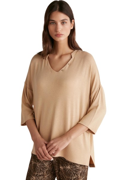 Kadın Yumuşak Dokulu Uzun Kollu Bej Pijama Takımı 9525 modelleri